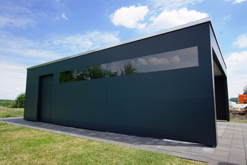 Flachdachcarport mit Abstellraum aus HPL Platten in Lippstadt Pollmeier Holzbau GmbH Flachdachcarport mit Abstellraum aus HPL Platten in Lippstadt Pollmeier Holzbau GmbH